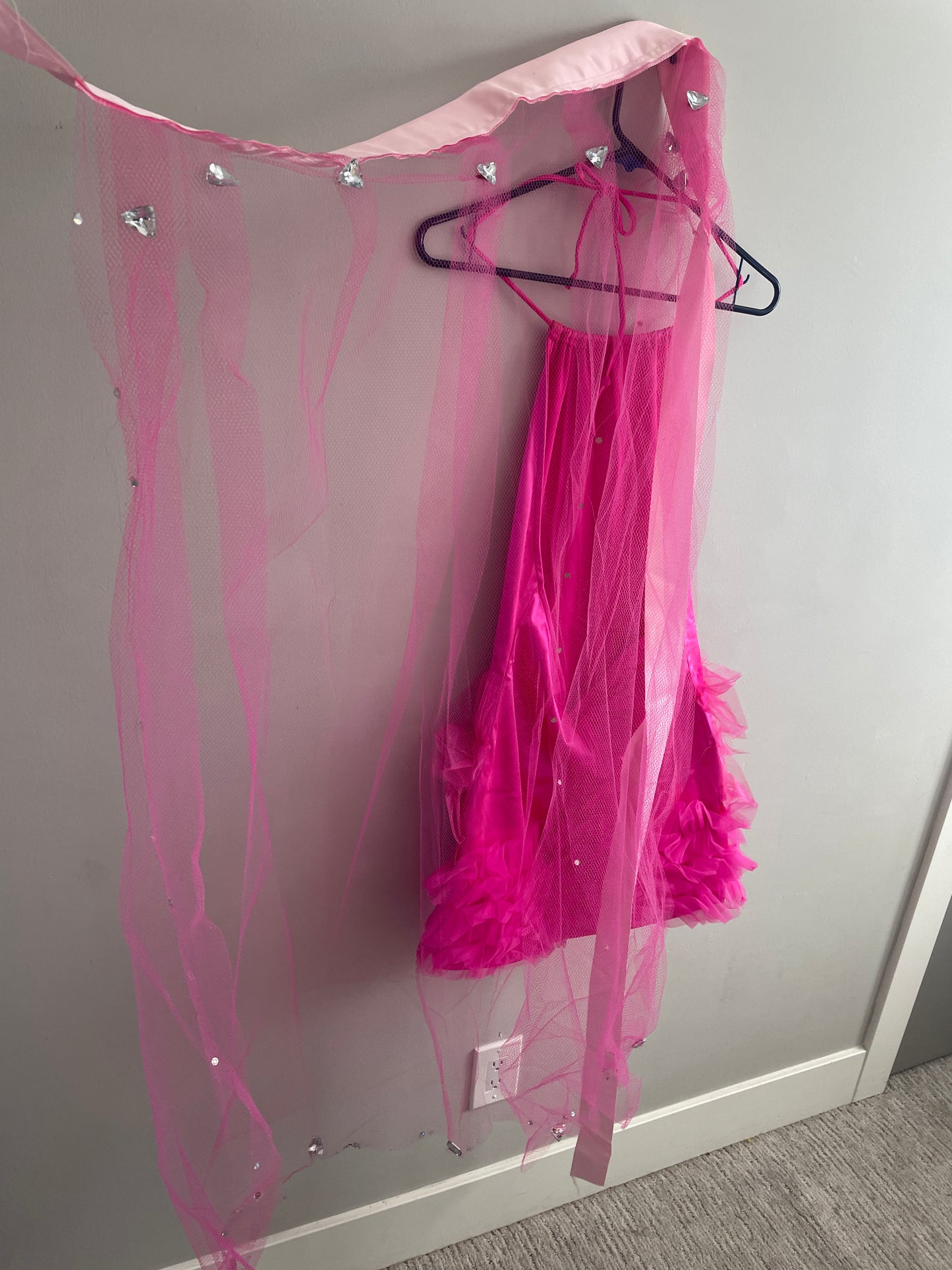 Hot Pink Party Dress with Removable ribbon/tulle extension skirt