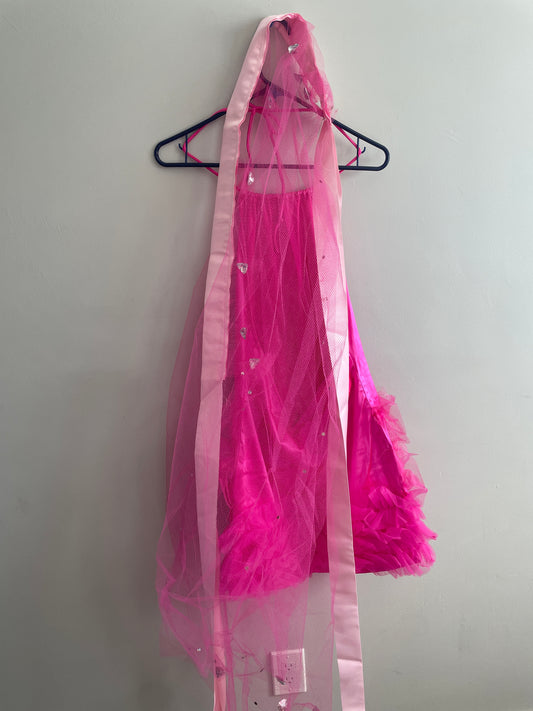 Hot Pink Party Dress with Removable ribbon/tulle extension skirt