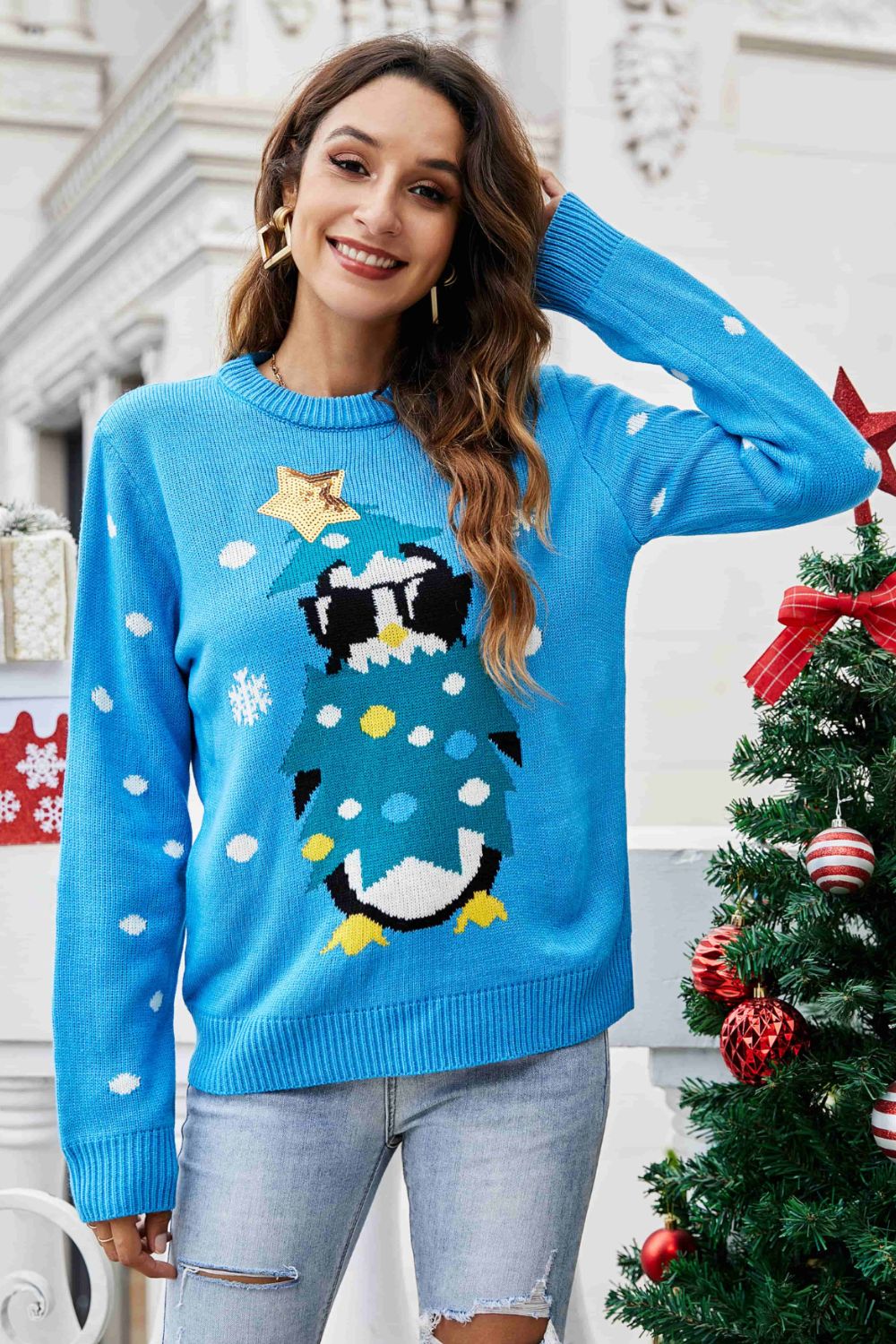 NEW Christmas Penguin Graphic Sequin Sweater