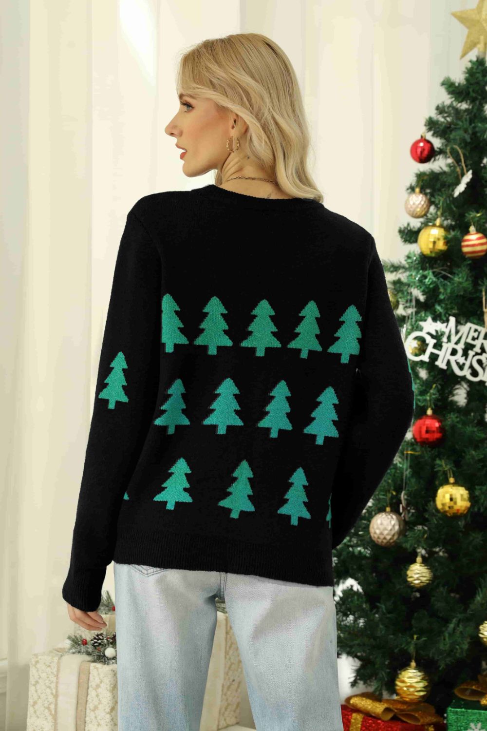 NEW Christmas Tree Round Neck Ribbed Trim Sweater