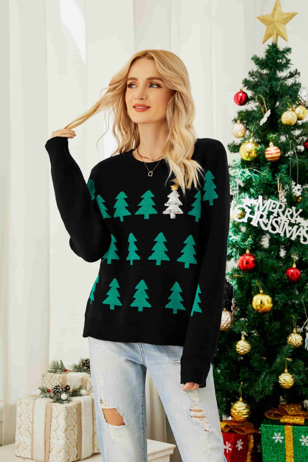 NEW Christmas Tree Round Neck Ribbed Trim Sweater